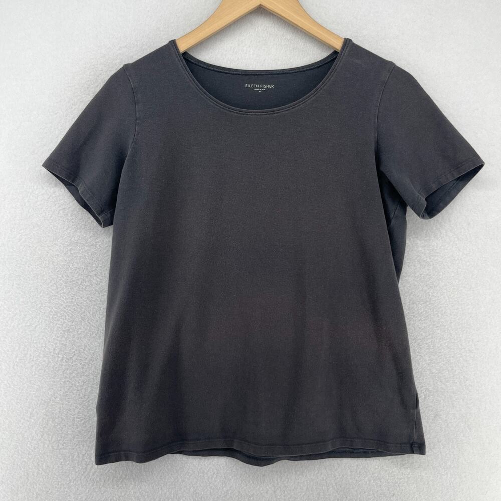 EILEEN FISHER Top M Organic Cotton Stretch Jersey Short Sleeve Gray USA